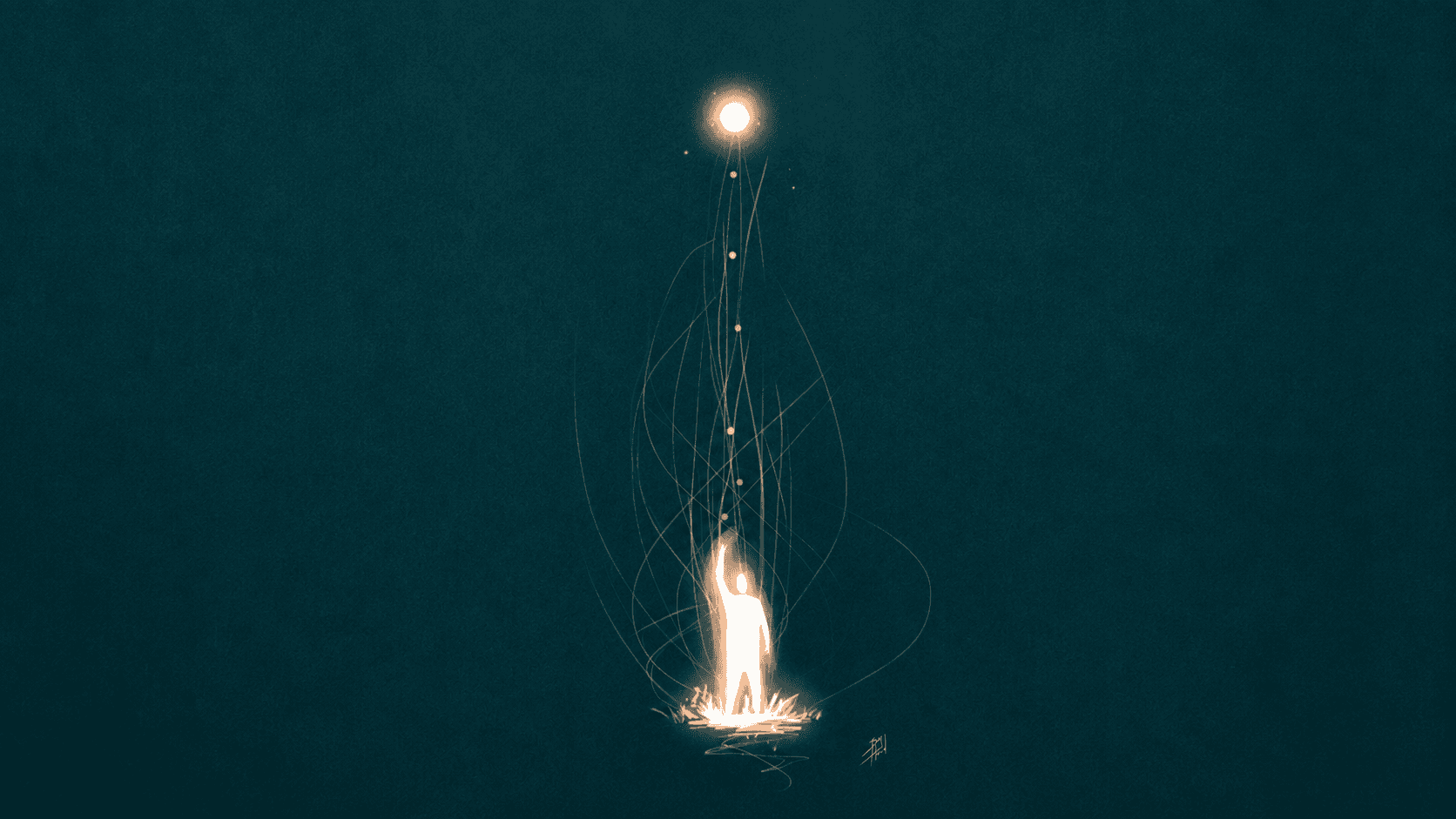 A luminous figure reaching upward through a field of connected lines