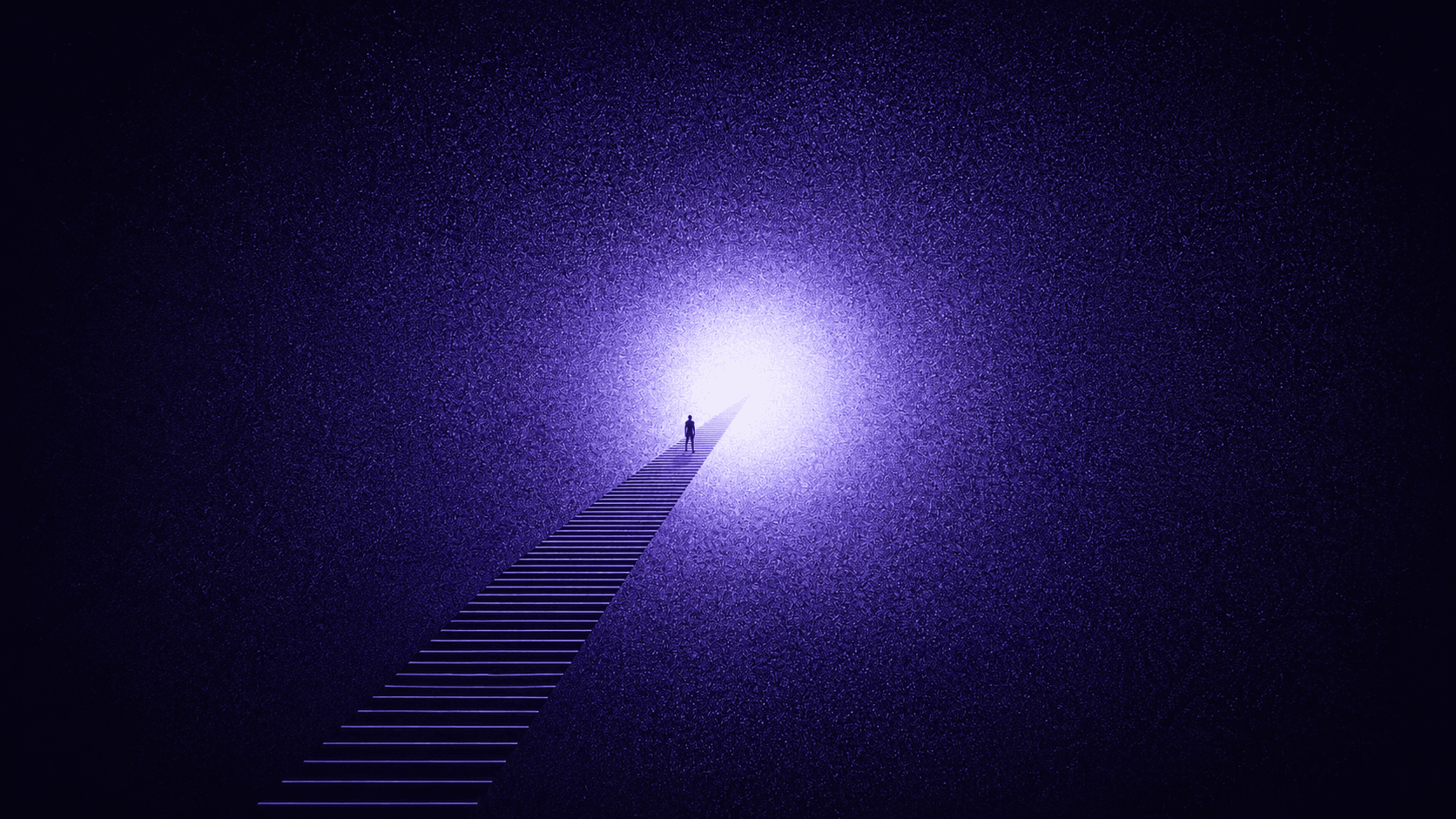 A lone figure ascending a luminous staircase toward light