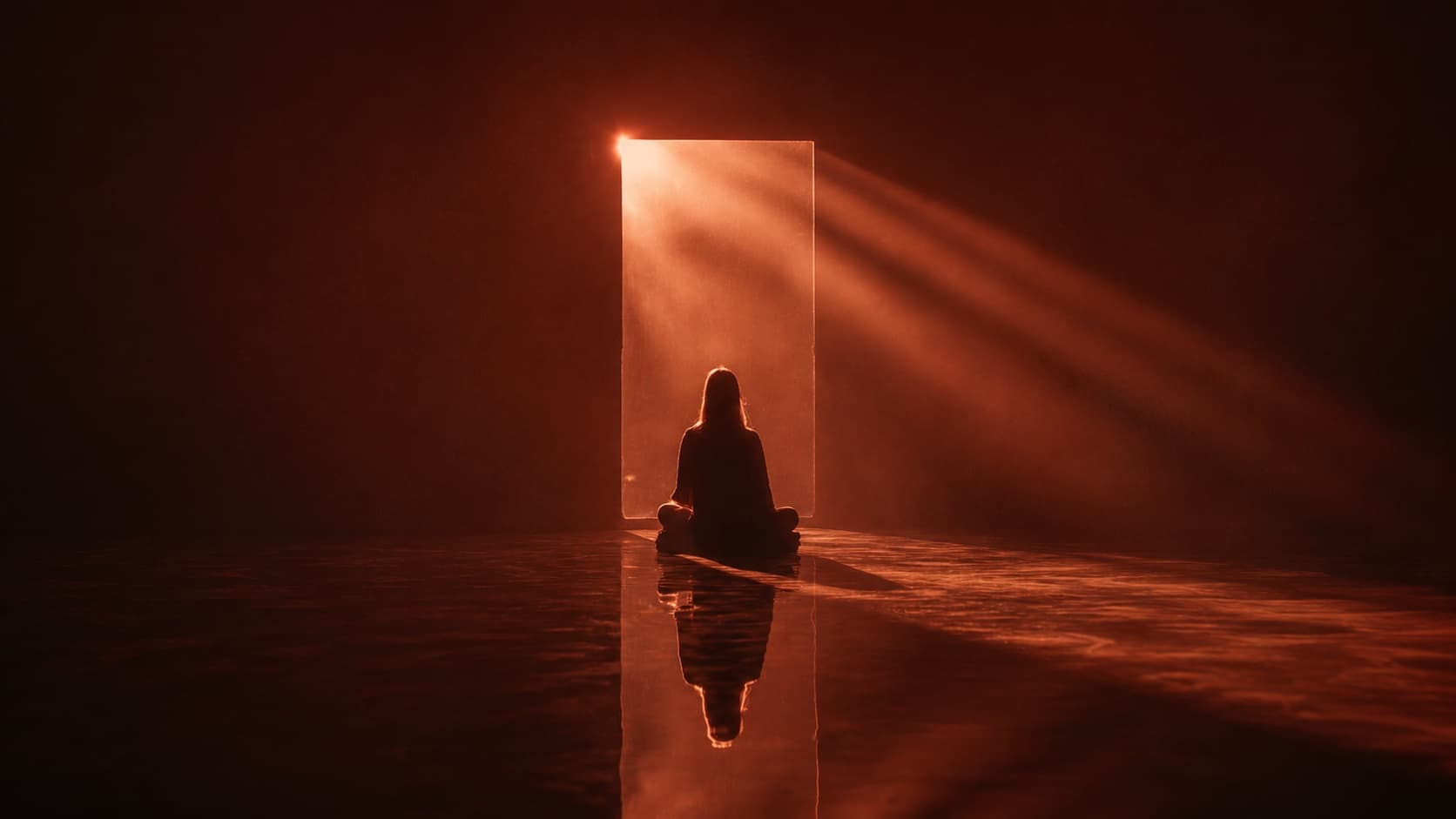 A person sitting in stillness before an illuminated doorway